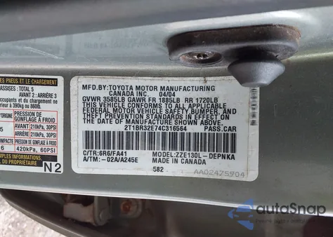 2004 Toyota Corolla Le z USA, uszkodzony, nr VIN 2T1BR32E74C316564